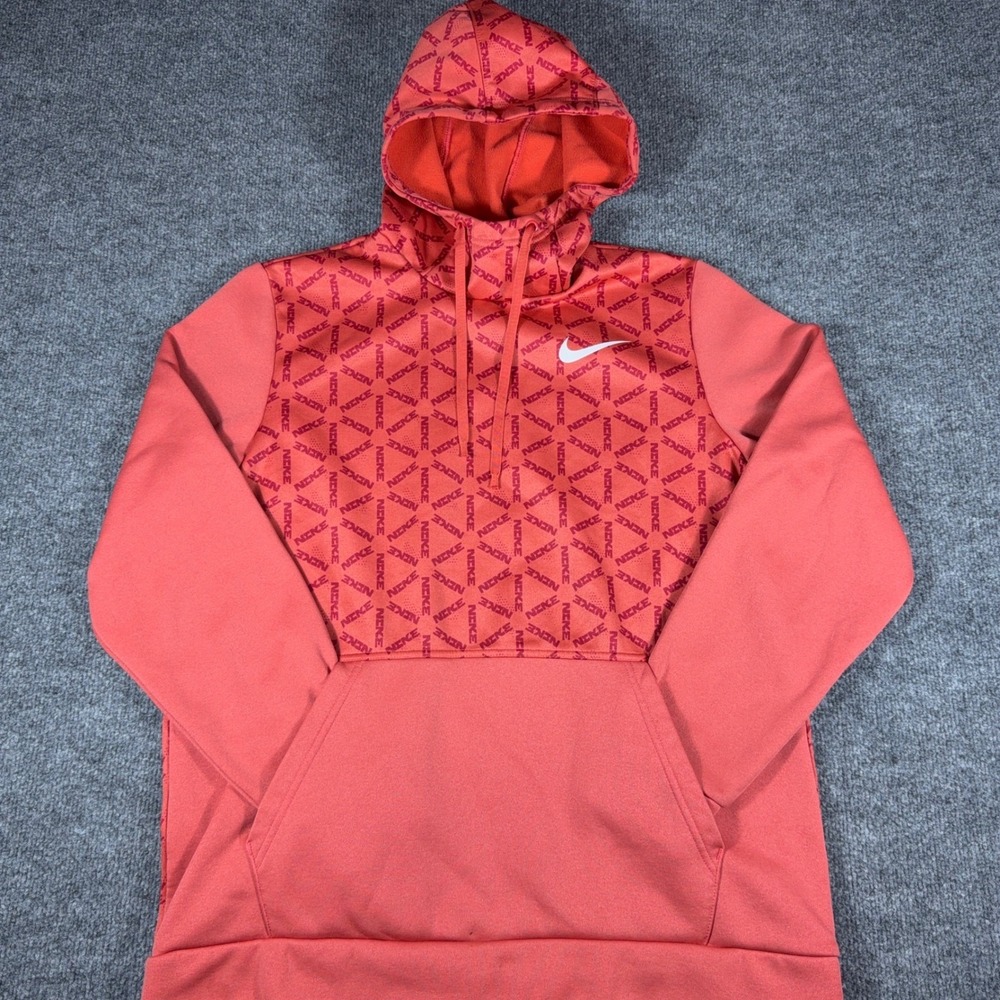 Nike Therma-FIT Hoodie Womens Large Coral Pink Logo Print Pullover Sweatshirt